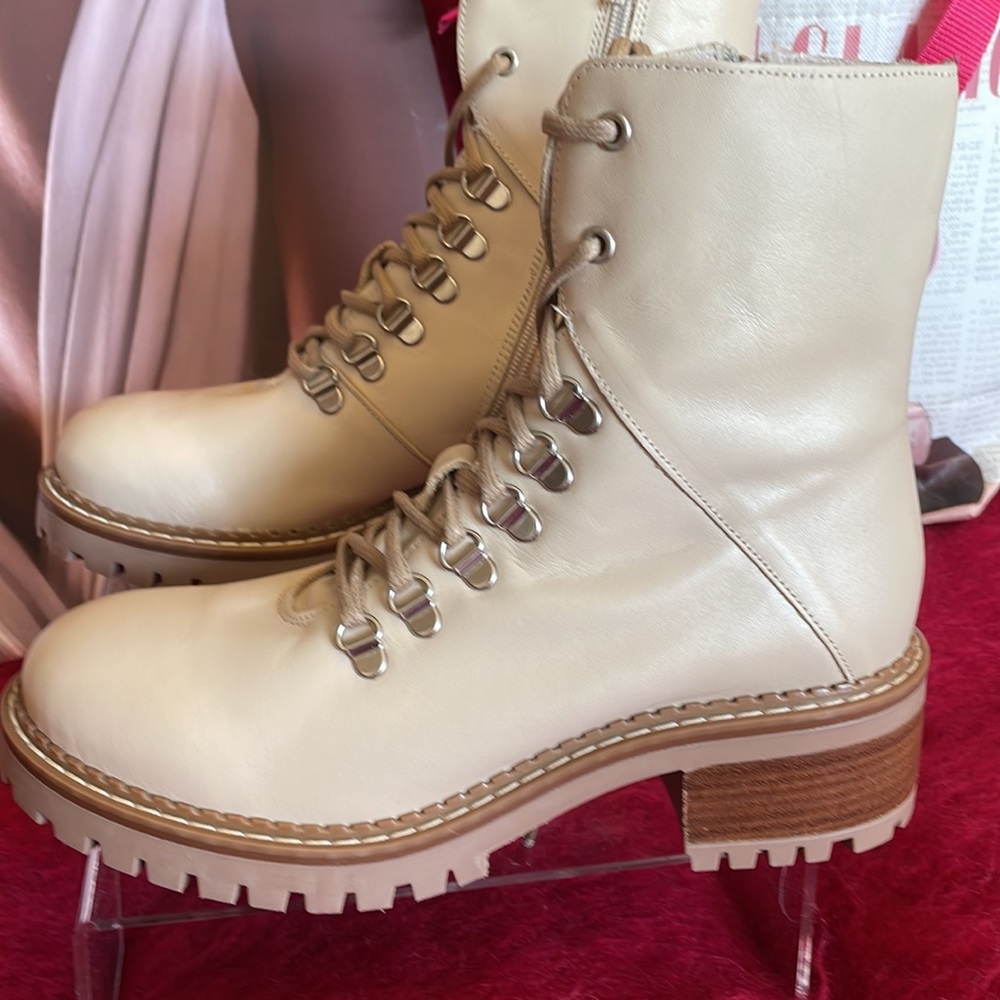 Bertuchi Almond/Cream Leather Lug Sole Lace-up Combat Boots made in Ital… - Picture 2 of 11